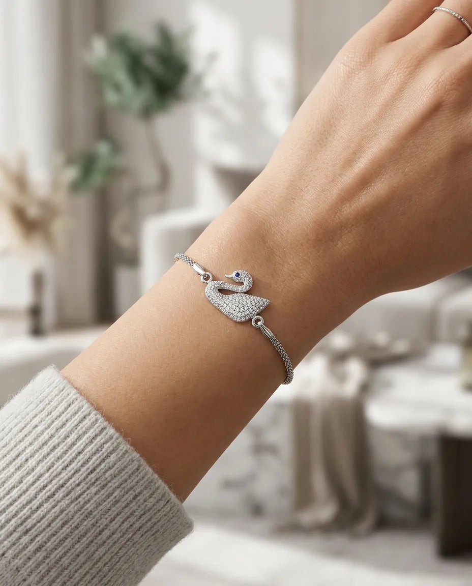 Kuğu Model Zirkon Taşlı Bileklik 925 Gümüş