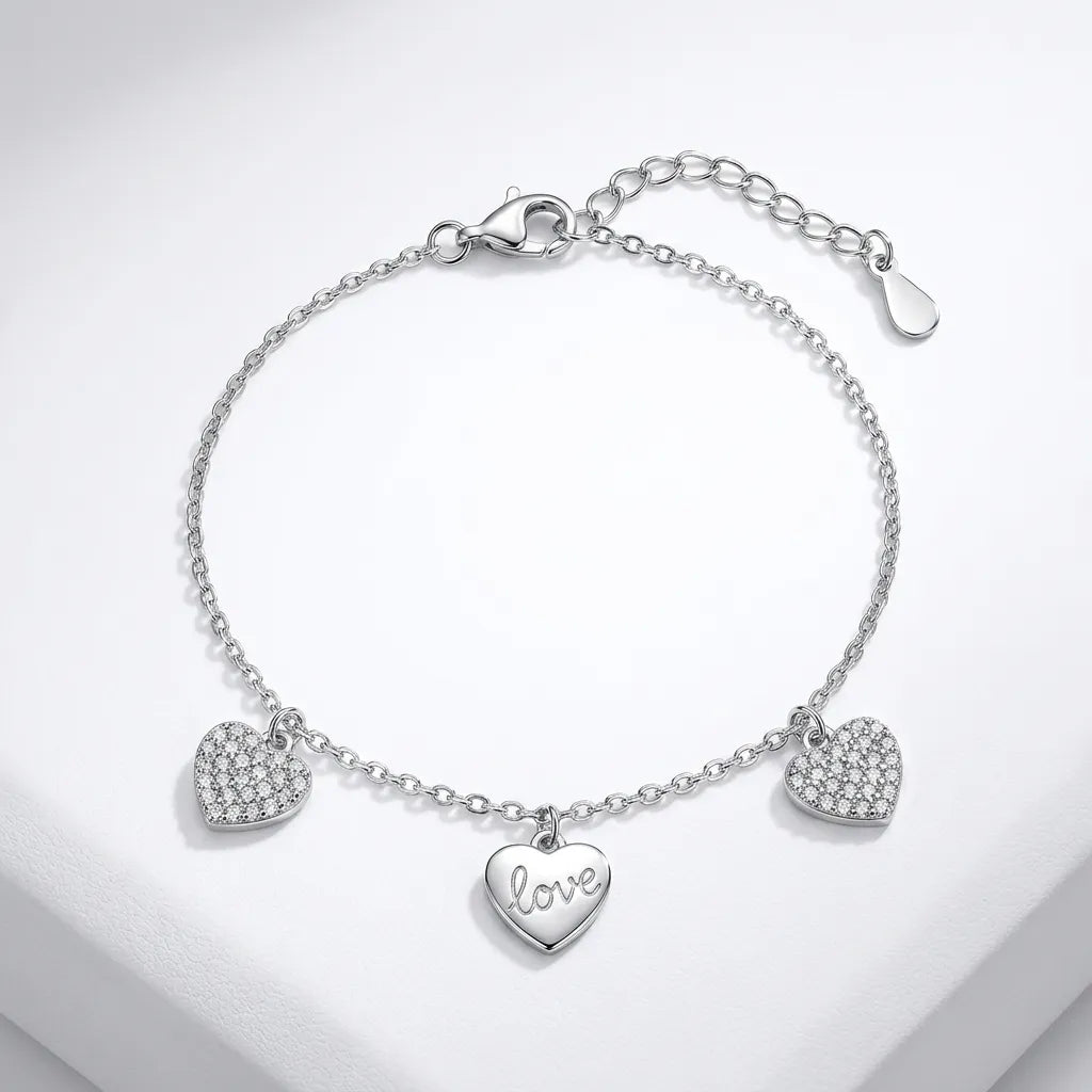 3’lü Kalp Love Yazılı Bileklik 925 Gümüş